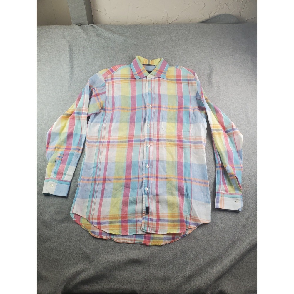 Ermenegildo Zegna Shirt Mens S Multicolor Plaid Lino Flax Button Up Long Sleeve
